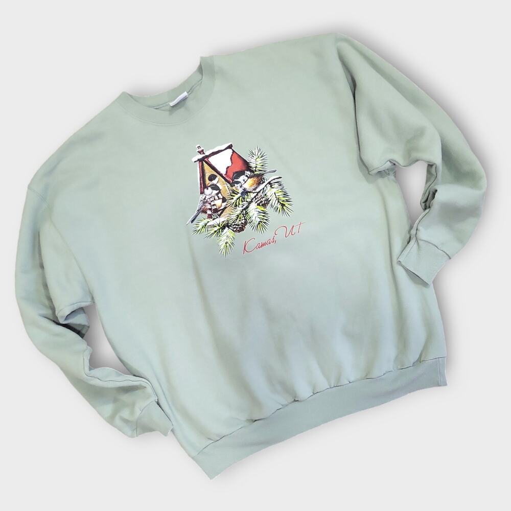 Utah Sweatshirt Womens XL Sage Green Winter Holiday Loungewear Birds Cottage